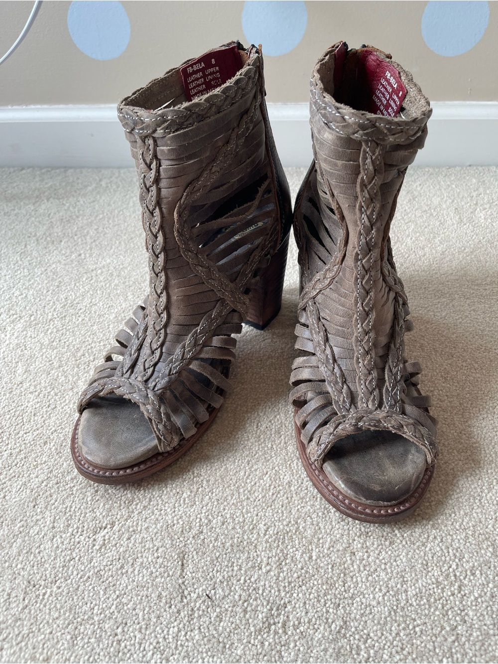 Freebird by Steven Bela Braided Cutout Open-Toe High Heel Boots in Taupe